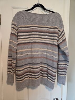 Liz Claiborne Women’s Grey Striped Knit Crochet Sweater Size XL